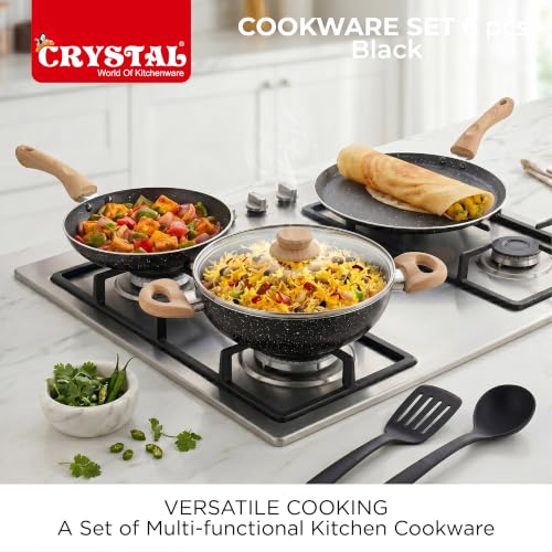 Image of Crystal Aluminum 6 Pcs Non Stick Cookware Set with Induction Bottom | Tawa, Fry Pan, Kadhai with Lid, Laddle & Spatula | Durable 4 Layer Non Stick Coating | PFOA Free | Black