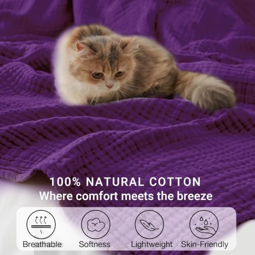 Image of Cotton Muslin Blankets for Adults, 6-Layer Large Throw, 50x70, Dark Purple