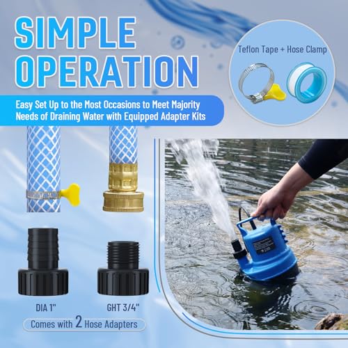 Image of 1 /3 HP Submersible Water Pump 2000 GPH Portable Small Sump Pump For Pool Cover, Basements, Puddles, Gardens Ponds With 16.4 Ft Power Cord and Hose Adapters, Sky Blue