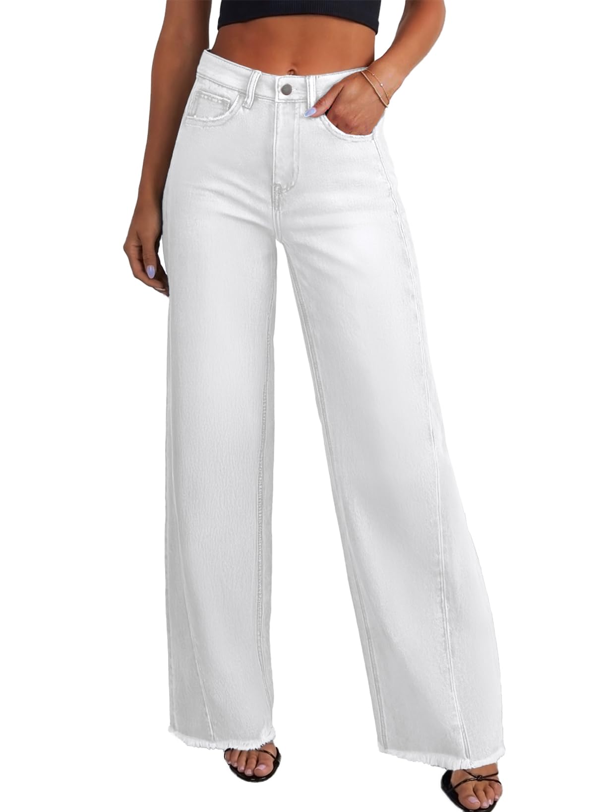 Sidefeel Women's Wide Leg Jeans High Waisted Strechy Raw Hem Zimbaplatinum Denim Pants