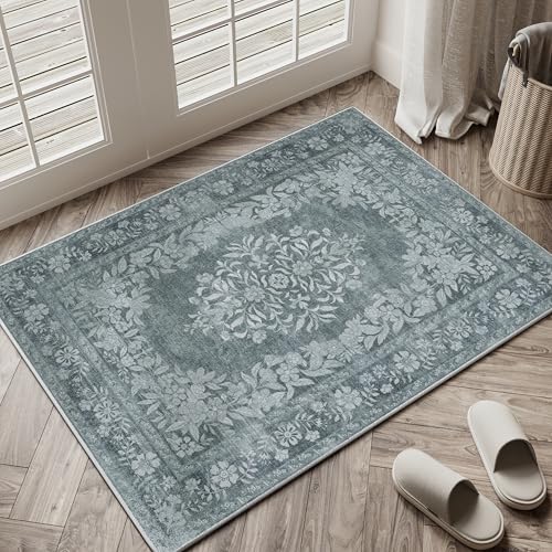 PureCozy Sage Green Area Rug 2x3 Washable Vintage Distressed Entryway Carpet Non Slip Neutral Door Mat Low Pile Retro Floral Farmhouse Accent Throw Small Rug for Bathroom Laundry Kitchen Din