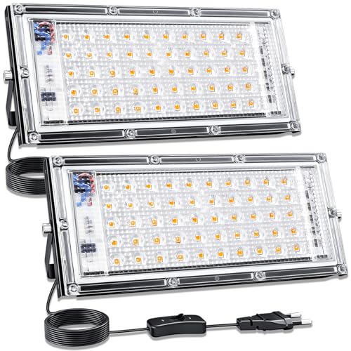 CREATESTAR 50W Faretto LED da Esterno，2pcs Faretto Led con Spina,3000K Bianco Caldo Faretti led 5000LM,faretti LED esterni 3000K, IP65 Impermeabile per Giardino,Patio, Garage