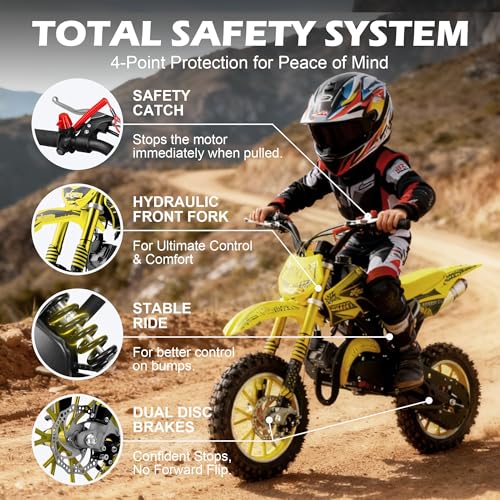Image of 50cc Dirt Bike, 2 Stroke Gas Mini Bike for Kids 8-14 with Front Rear Disc Brakes, 10 Inch Off-Road Tires, Shock Absorption, Seat Height 23.6in, Max Speed 40mph, 2026 Upgraded,Yellow