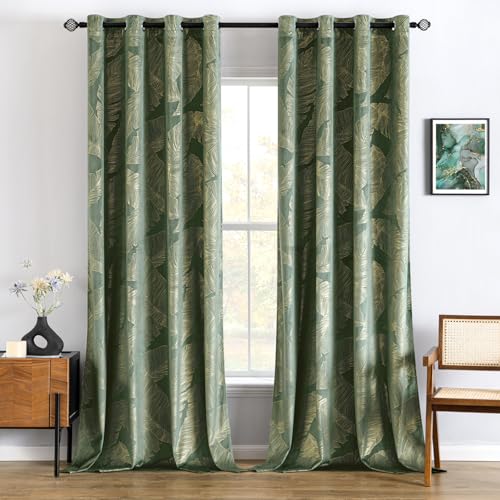 MIULEE Rideaux Velours avec Motif Feuilles d'or, Doux Rideau Vert Matcha à Oeillet, Rideau Opaque pour Chambre et Salon, 2x L140xH225cm