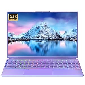 Fsjun 16″ Purple Laptop, Ultra-narrow bezels 2.5K QFH(2560×1600) IPS, Celeron N5095, 16GB RAM 512GB SSD, Color Backlit KB, Fingerprint, Type-C/HDMI/WiFi/HDD Expand, Win11 Pro notebook PC for Student