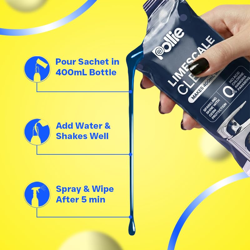 Image of Pollie Limescale Cleaner 800mL | 1 Spray Bottle + 2 Refill Sachets | Removes Limescale, Salt Deposits on Faucets, Shower, Copper, Brass, Bathroom Tiles | 0% HCl Acid, Chlorine, Ammonia formulation