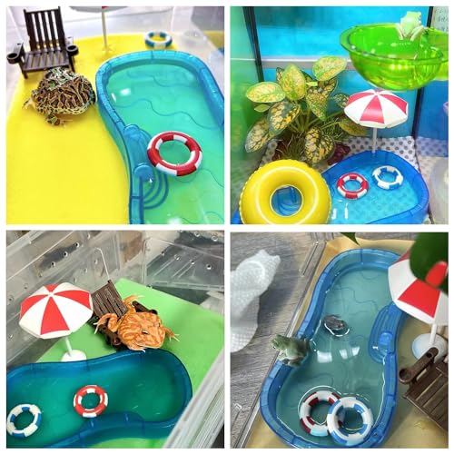 Image of Tree Frog Tank Accessories - Novelty Pool Theme Set Turtle Habitat Decoration Reptile Water Food Bowl for Amphibian Aquatic Frog Toad Lizard Leopard Gecko Hermit Crabs Snake Spider Scorpion (Pool Set)