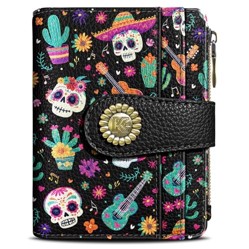 Image of Kelvoris Skull Small Rfid Women Wallet Bifold Zipper Coin Pocket PU Leather Compact Cash Credit Card Holder Travel Wallet for Female Ladies Teen Girls 1 ID Window 10 Card Slots Day of The Dead