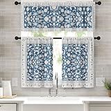 Tayney Ethnic Paisley Flower Kitchen Window Curtains Valance and Tier Set 36 Inch, Blue Seamless Floral Rod Pocket Short Tier Curtain for Bathroom, Vintage Small Cafe Drapes for Kitchen Decor