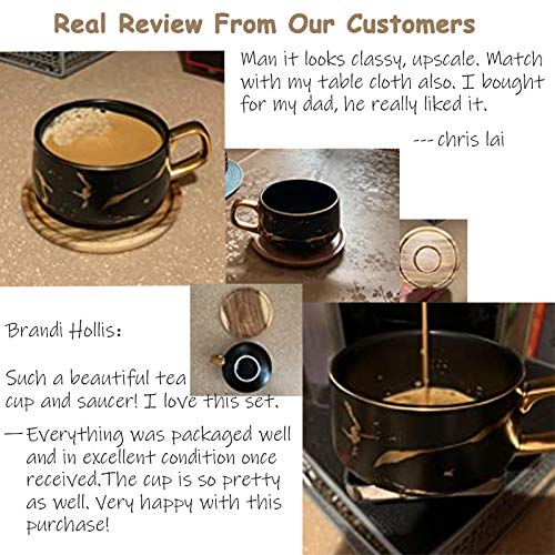 ENJOHOS 10 Oz Ceramic Tea Cup Coffee Cup Set with Wooden Saucer European Golden Hand Cup Saucer Set(Black) - Thumbnail 4