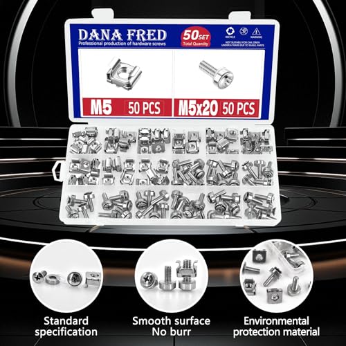 Cage Nut and Mounting Screw Bolts Washers Metric Square Hole Hardware for Rack Mount Server Shelves Cabinets Assortment Kit M5X20mm,50Set …