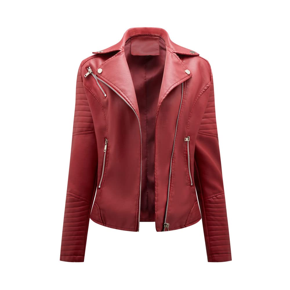 Chaqueta Mujer,Chaqueta De Piel Sintética Para Mujer, Color Rojo Vino, Solapa, Bolsillo Lateral, Puño, Cremallera, Empalme, Vintage, Manga Larga, Corte Ajustado, Motociclista, Pu, ​​Abrigo, Bomb
