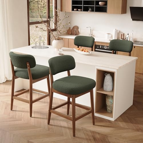 Image of Counter Height Bar Stools Set of 4, Mid-Century Modern Boucle Bar Chairs with Solid Wood Frame, Fluffy Upholstered Stools with Backrest for Kitchen Island, Home Bar, Olive Green