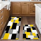 Tyrot Yellow Grey Kitchen Rug Set of 2 Cushioned Anti Fatigue Kitchen Mats for Floor Non-Slip Waterproof Kitchen Floor Mats Geometric Ergonomic Cushioned Comfort Standing Mat for Laundry, Office, Sink