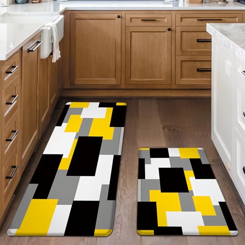 Tyrot Yellow Grey Kitchen Rug Set of 2 Cushioned Anti Fatigue Kitchen Mats for Floor Non-Slip Waterproof Kitchen Floor Mats Geometric Ergonomic Cushioned Comfort Standing Mat for Laundry, Office, Sink