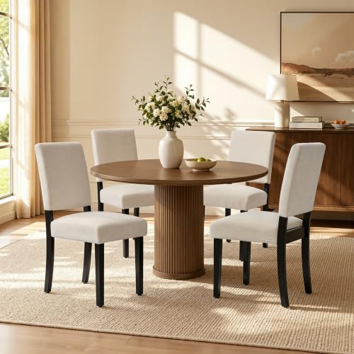 Beige parsons-style dining chair with tall back and solid wood legs — proves the tall-back seasonal chair for renters