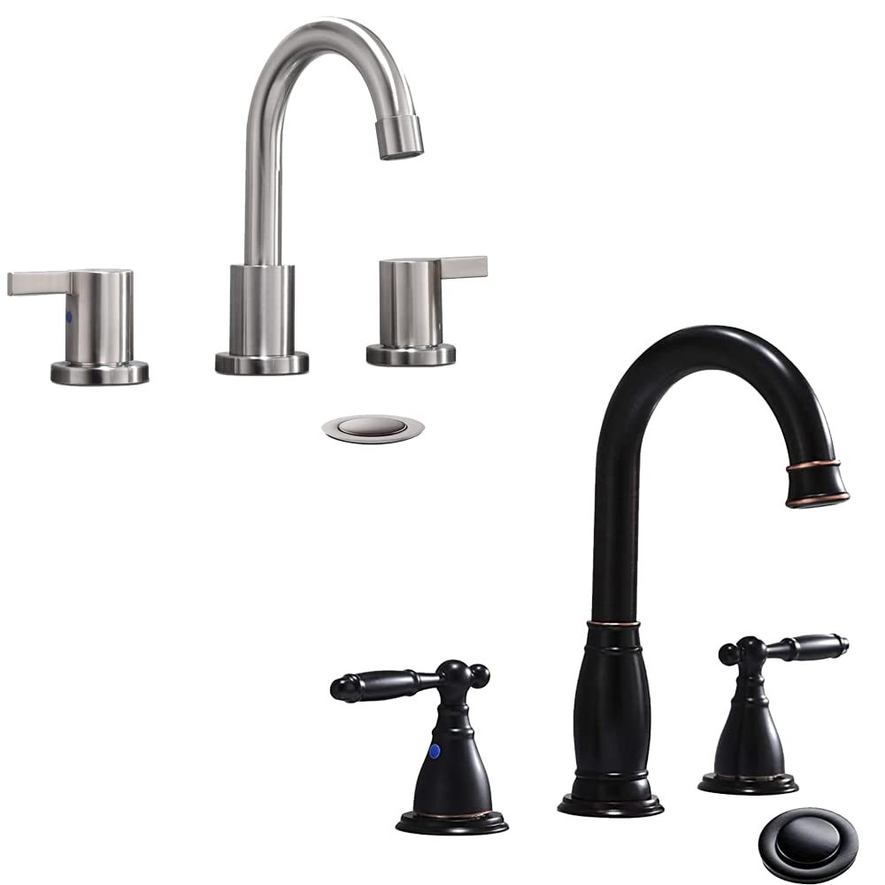 Nfusrxmbk Bronze 2 Handle 8 Inch Widespread Bathroom Faucet，Brushed Nickea And Loil Rubbed With Pop Up Drain Wf015-1-Bn+Wf017-4-Orb