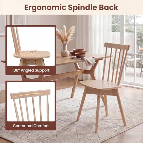 Image of COSTWAY Swivel Windsor Dining Chairs Set of 2, Farmhouse Solid Rubber Wood Kitchen Side Chair w /Curved Spindle Back, Armless Accent Chairs for Home, Dining Room, Living Room, Restaurant (Natural)