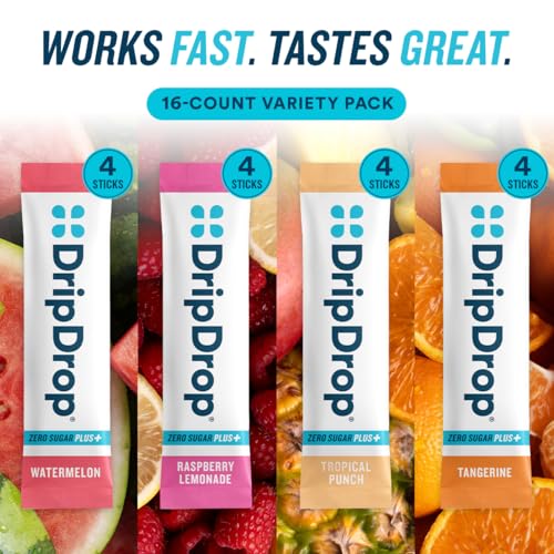 Image of DripDrop Hydration Zero Sugar Plus Electrolyte Packets, Variety Pack, 16 Ct | Raspberry Lemonade, Watermelon, Tangerine, Tropical Punch; Sugar Free Powder Drink Mix; No Artificial Sweeteners, Low Calorie