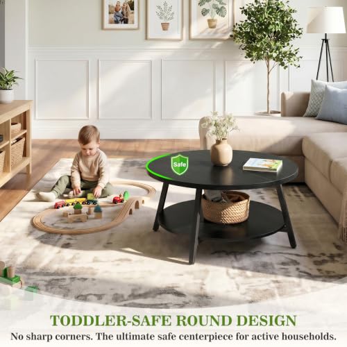 Image of Armocity 29.5 inch Round Wood Coffee Table with 2-Tier Storage, 1 inch Thick Top