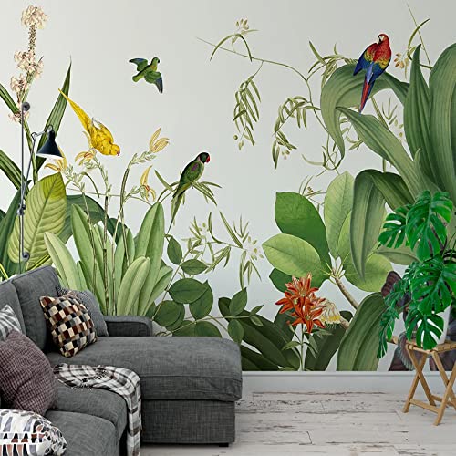 Foto personalizada Planta tropical Hojas verdes Flores Pájaros 3D Paja no tejida Mural Papel tapiz para sala de estar Dormitorio Arte de la pared Decoración 150 cm (L) × 105 cm (H)