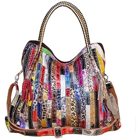 Women’s Multicolor Boston Bag Genuine Leather Colorful Large Tote Handbag Purse (Colorful-Big) Cover