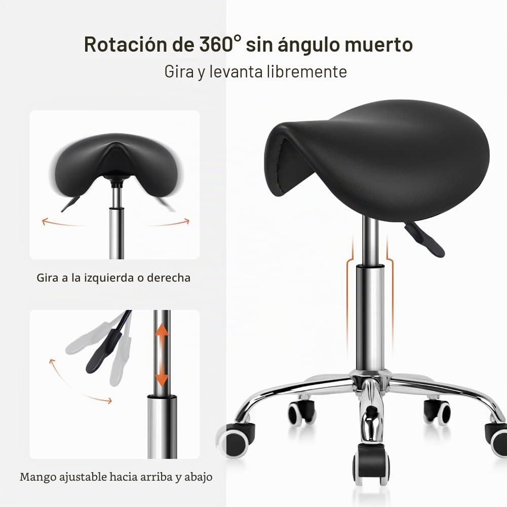 KKTONER Taburete Tipo Silla de Montar, Altura Ajustable 45-61cm, Giratorio 360° con Ruedas, Taburete de Oficina sin Respaldo para Estética, Peluquería y Hogar Negro