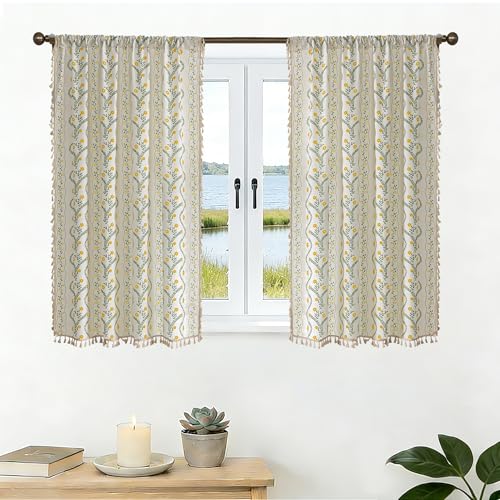 Image of Boho Curtains 45 Inch Long for Living Room, Bedroom,Yellow Flower| Sage on White 2 Panels Floral Farmhouse Vintage Tassel Semi Filtering Privacy Window Curtain Drapes with Rod Pocket