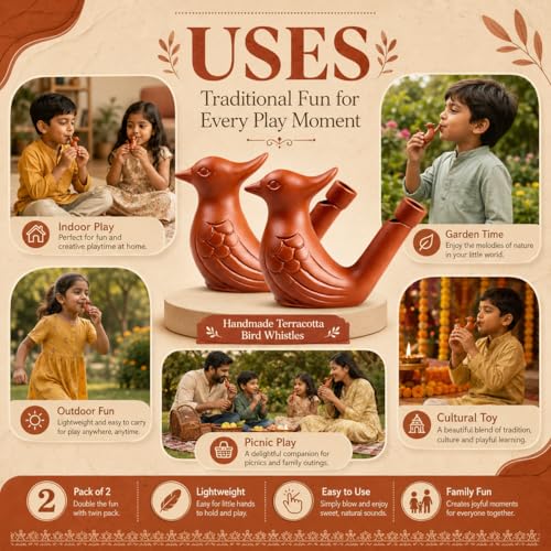 Image of Premium Clay Bird Whistle Toy (Pack of 8) - Handmade Earthen Water Whistle for Kids & Adults - Traditional Terracotta Musical Sound Toy - Natural Eco-Friendly Gift Set