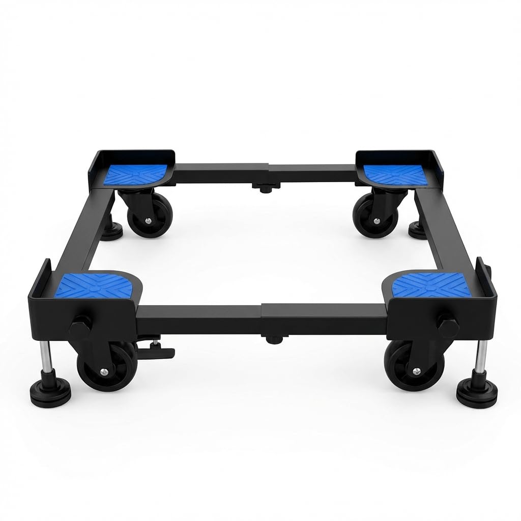 Hipkoo Washing Machine Stand with Wheels & Blue Anti Vibration Pads - Adjustable Metal Stand for All Semi or Front or Top Load Washing Machine, Fridge, Dishwasher Stand, etc. (Stands up to 170Kg)