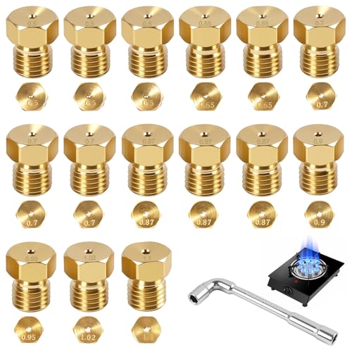 15 Pièces Gicleur Gaz Butane Universels avec Clé de Montage L7mm, Injecteurs Laiton 0.5/0.65/0.7/0.87/0.9/0.95/1.02/1.1 mm pour Gazinière, Gicleur Gaz Propane Plaque de Cuisson et Brûleur GPL