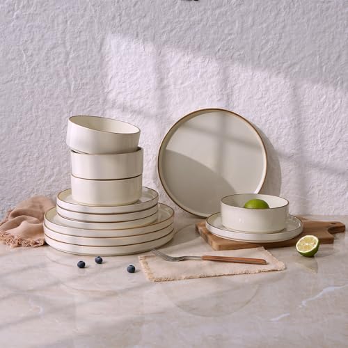 Image of Famiware Nebula Dinnerware Set, 16-Piece Stoneware Plates and Bowls with Pasta Bowls, Service for 4, Microwave & Dishwasher Safe, Vanilla White with Brown Rim