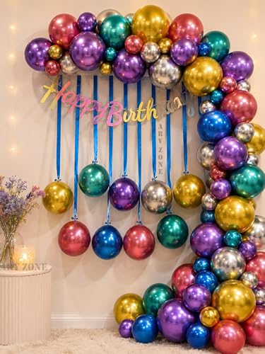 Image of ARV Multicolour Chrome Balloons Garland Kit | Happy Birthday Decoration Kit - 54 pcs Multicolor Birthday Banner Set | Chrome Metallic Balloons For Decoration, Bday Decoration Kit for Girls Boys
