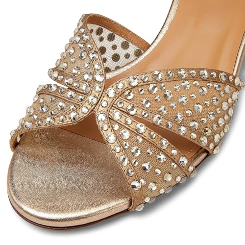 FSJ Women Low Block Heeled Mules Open Toe Rhinestone Slide Sandals Mesh Sparkling Crystal Comfortable Vacation Shoes Size 4-16 US2