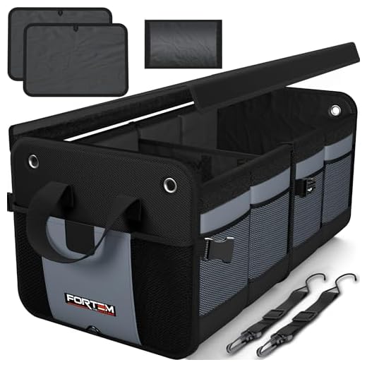 FORTEM Kofferraum-Organizer, zusammenklappbare Aufbewahrungsbox, Rutschfester Boden, Befestigungsgurte, viele Fächer, Kofferraum Aufbewahrungstasche faltbar, Kofferraumbox (Grey, 2 COMPARTMENTS)