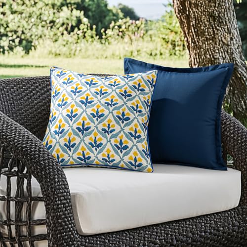Image of MIULEE Pack of 2 Decorative Outdoor Waterproof Throw Pillow Covers Flower Print Chic Boho Accent Pillow Covers for Square Garden Patio Cushion 20x20 Inch, Light Yellow Blue
