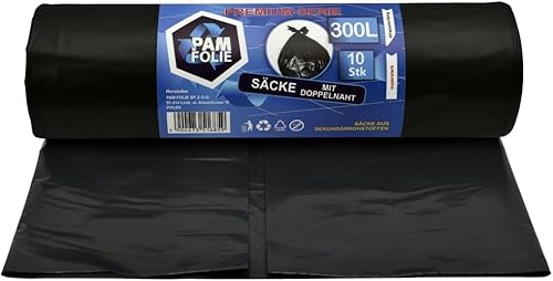 PAM-FOLIE Sacs poubelle 300L - 10 pièces - XXL Grands Sacs poubelle pour déchets de chantier, Premium - 120x140cm - 45µm - Sac poubelle noir - Sacs pour polystyrène expansé
