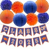 Blue Graduation Orange Party Decoration Class Banner Hanging Pom Poms Flowers High School College Grad Supplies