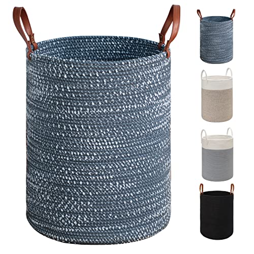 Image of TOTANKI Large Cotton Rope Laundry Storage Basket - 15.7 Inches(D) x 19.7 Inches(H) - Collapsible Woven Basket with Leather Handles for Storing Clothing, Diapers, Toys (Blue)