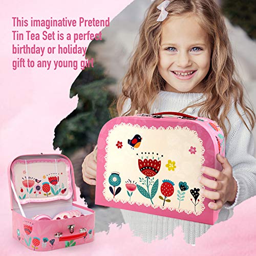 D-Fantix Kids Tea Set For Little Girls, 15Pcs Pink Tin Tea Party Set For Toddlers Afternoon Tea Time Playset With Metal Teapots Tea Cups Play Dishes Princess Toys Gifts With Carry Case #TOP6