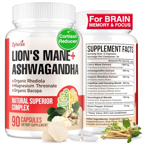 Ashwagandha & Lions Mane Supplements Capsules, Brain Supplements for Memory and Focus, Organic Ashwagandha with Rhodiola Rosea for Cognitive, Immune Support, Cortisol Supplement for Women, 90 Capsules