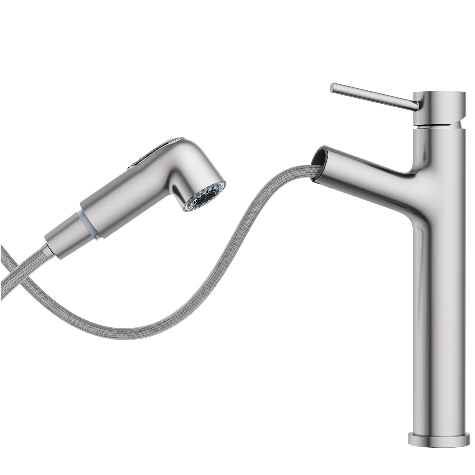 HURRAN Rubinetto Bagno Lavabo, Miscelatore Alto per Lavabo, Miscelatore Estraibile con 2 Modalità di Erogazione, Rubinetto Bagno Monocomando in Acciaio Inox, Nichel Spazzolato