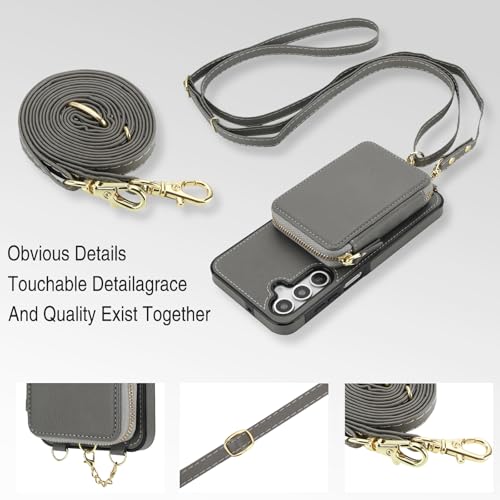 Capa de telefone para Samsung Galaxy A17/A26 5G carteira com zíper capa protetora de tela transversal alça magnética destacável compatível com bloqueio de RFID MagSafe Flip A 17 26 17A cinza