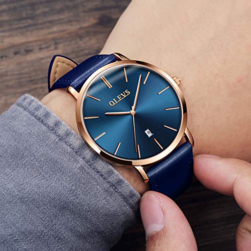 Image of OLEVS Men Leather Watches Black Ultra Thin 6.5mm Minimalist Dress Fashion Simple Casual Waterproof Date Watch for Men