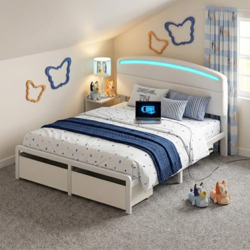 Homkdom Full Size Bed Frame with Upholstered Headboard, USB-C & LED, Beige - image 8