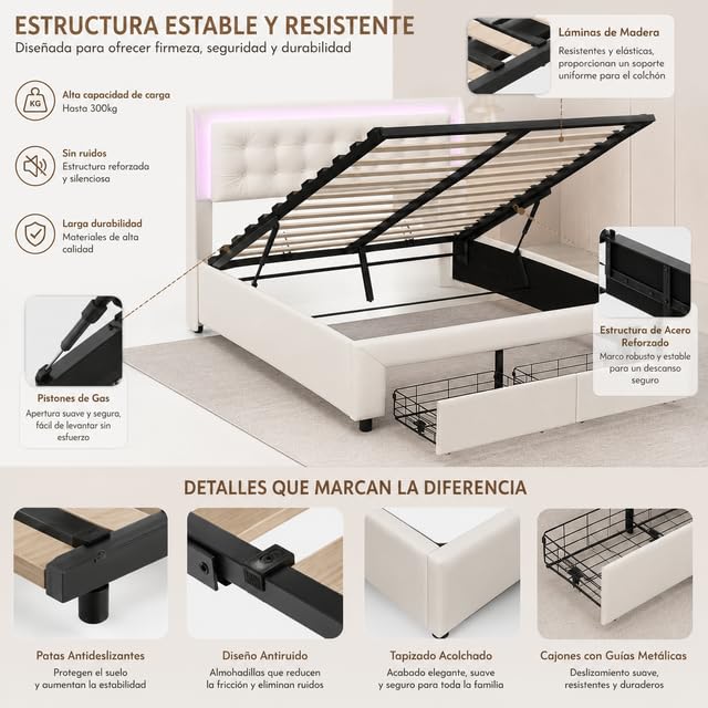 Cama Canapé Abatible 180x200 cm, Cama de Matrimonio Tapizada en Terciopelo Beige Crema con Almacenaje Hidráulico y 2 Cajones, Cabecero LED de 6 Colores con Mando, Somier de Láminas, sin Colchón