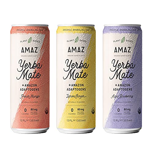 AMAZ Organic Sparkling Yerba Mate Tea with Adaptogens for Natural Energy, Focus, & Immunity | Plant-based | Zero Calories | Zero Sugar | Vegan | Keto Friendly | 80mg Organic Caffeine | Sustainably Sourced from Regenerative Agroforestry (Pack of 6)