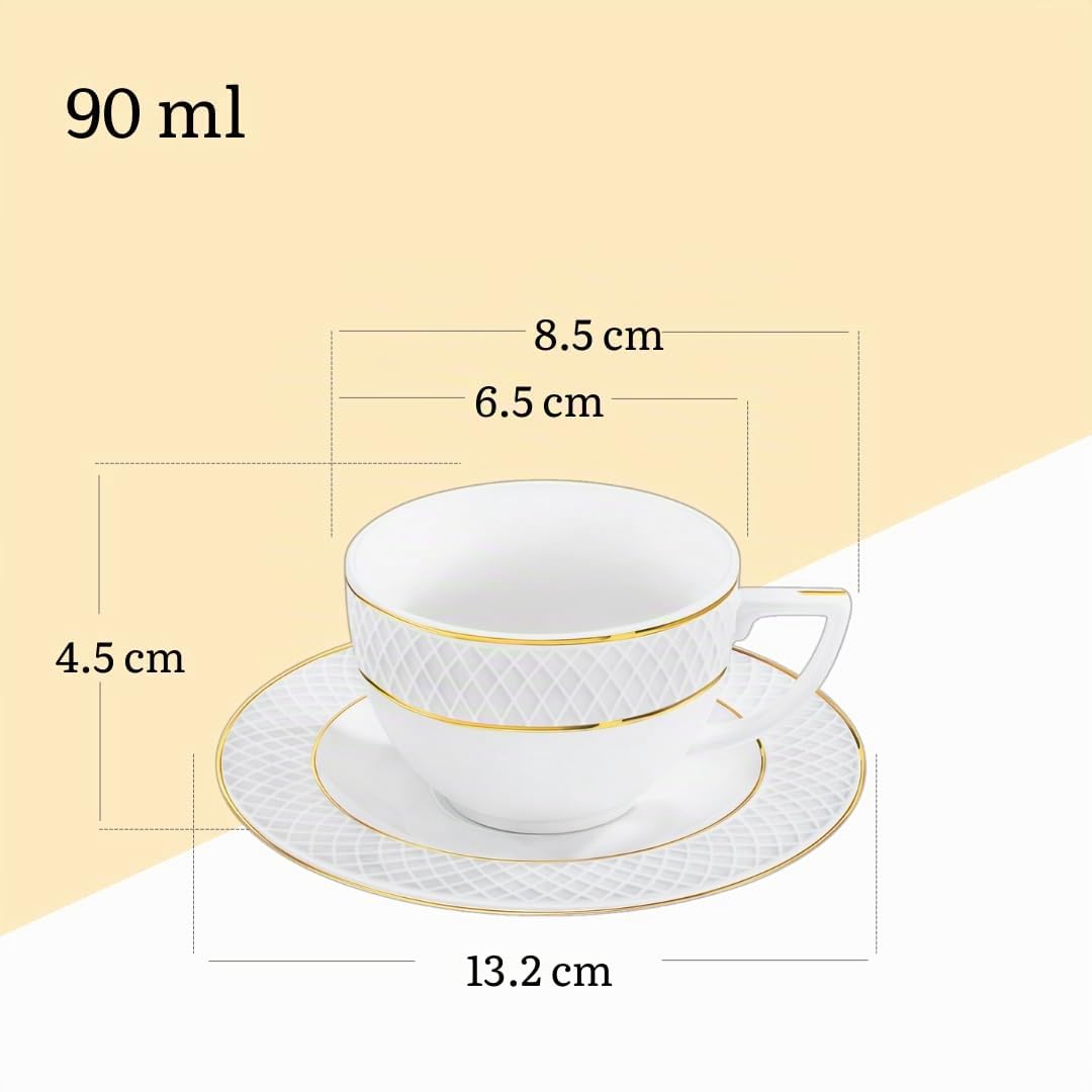 Wilmax - Tazze con piattini - motivo dorato - set da 6-90 ml - tazze da caffè in porcellana - bianco - servizio da tavola per 6 persone - set di tazze per caffè, tè, dessert