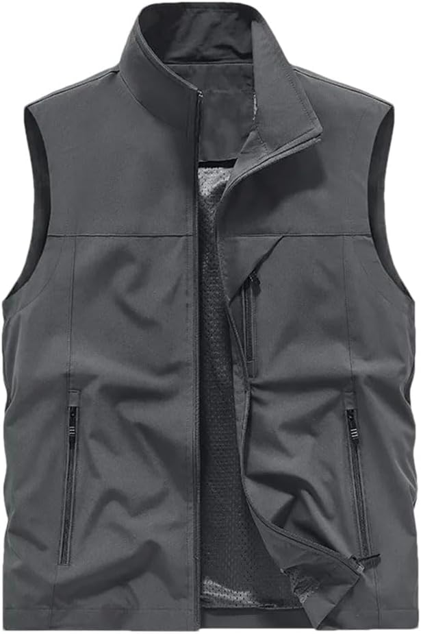 Men's Solid Color Casual Stand Collar Pocket Zipper Stitching Sleeveless Vest