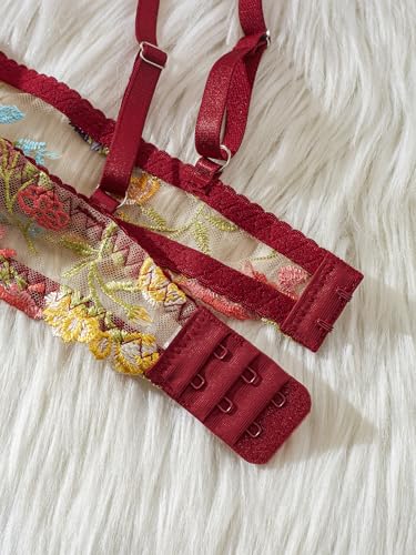 Image of Sexy Floral Embroidered Flower Mesh Underwire Push Up Lingerie Set